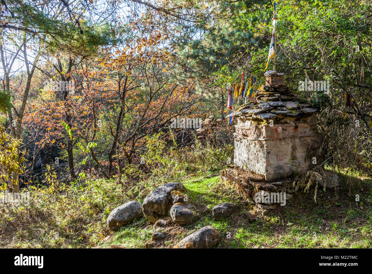 Vallée Chumey, près de Prakhar, Lhakhang, Bumthang, Bhoutan. Vieux Chorten, un culte habituellement commémorant une Sainte personne. Banque D'Images
