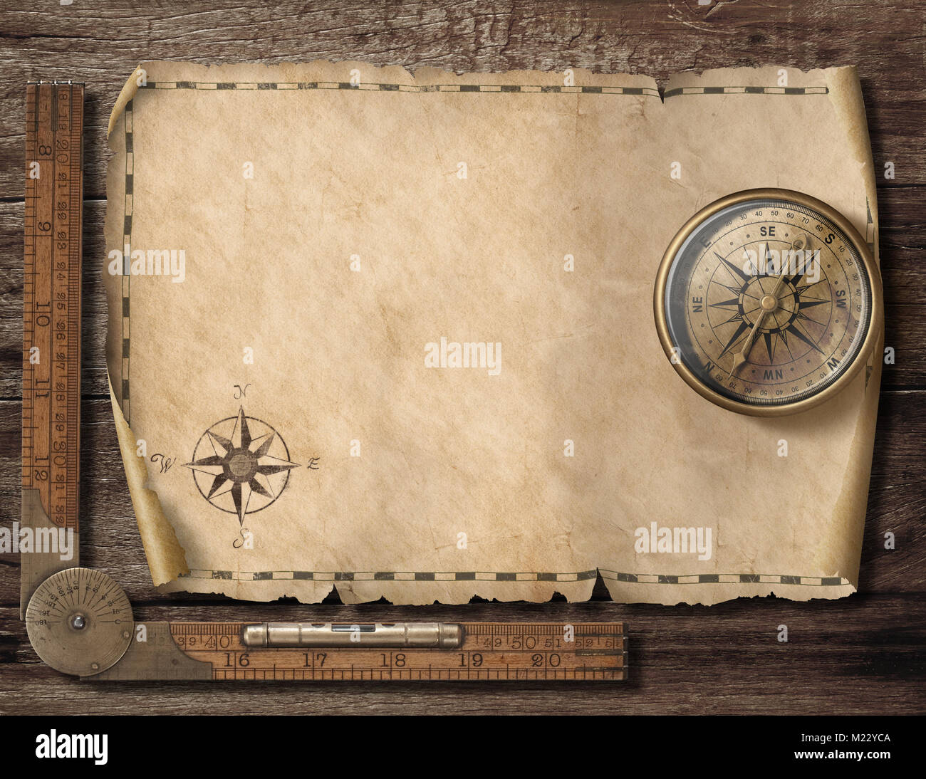 Vieux fond de carte vierge avec boussole. L'aventure et les voyages concept. 3d illustration. Banque D'Images