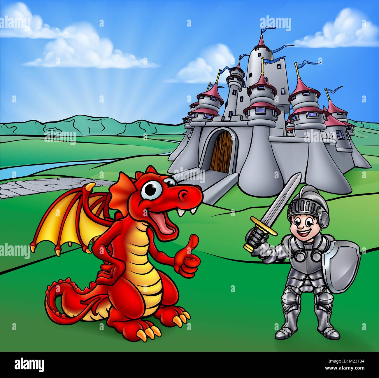 Château et Dragon Knight Cartoon Illustration de Vecteur