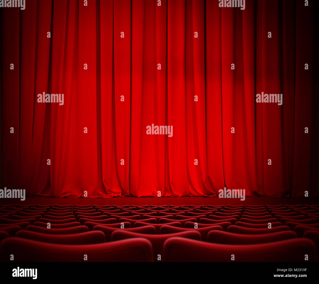 Théâtre rideau rouge sur scène avec sièges en velours 3d illustration Banque D'Images