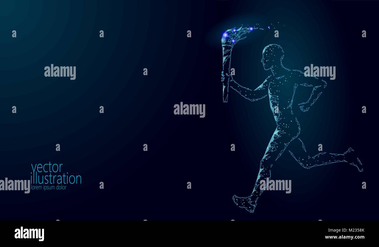 Maintenir la Flamme torche feu bas athlète poly. Rendu 3D moderne polygonale bleu foncé homme sportif international star runner vector illustration bannière template Illustration de Vecteur