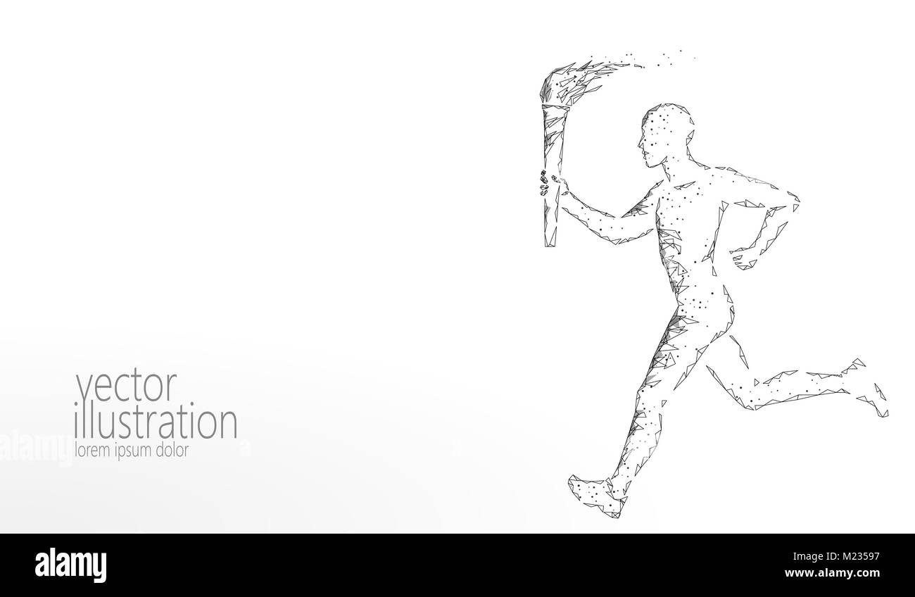 Maintenir la Flamme torche feu bas athlète poly. Rendu 3D moderne polygonale gris monochrome blanc neutre homme sportif star runner vector illustration bannière template Illustration de Vecteur