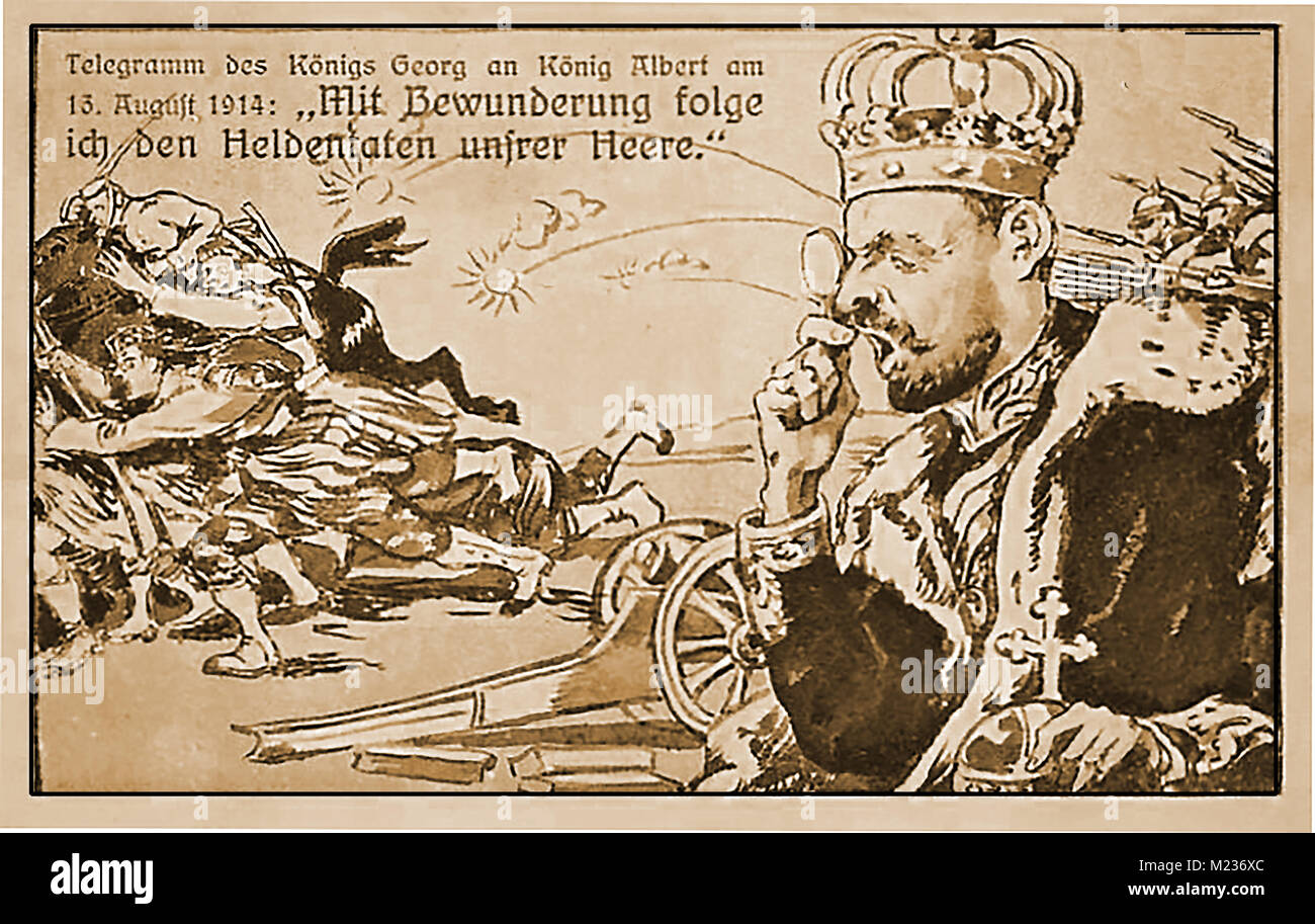 Première Guerre mondiale (1914-1918) alias la Grande Guerre ou Première Guerre mondiale - la guerre des tranchées de la PREMIÈRE GUERRE MONDIALE, la propagande allemande -Carte postale montrant le roi britannique regardant son armée fuir les soldats allemands Banque D'Images