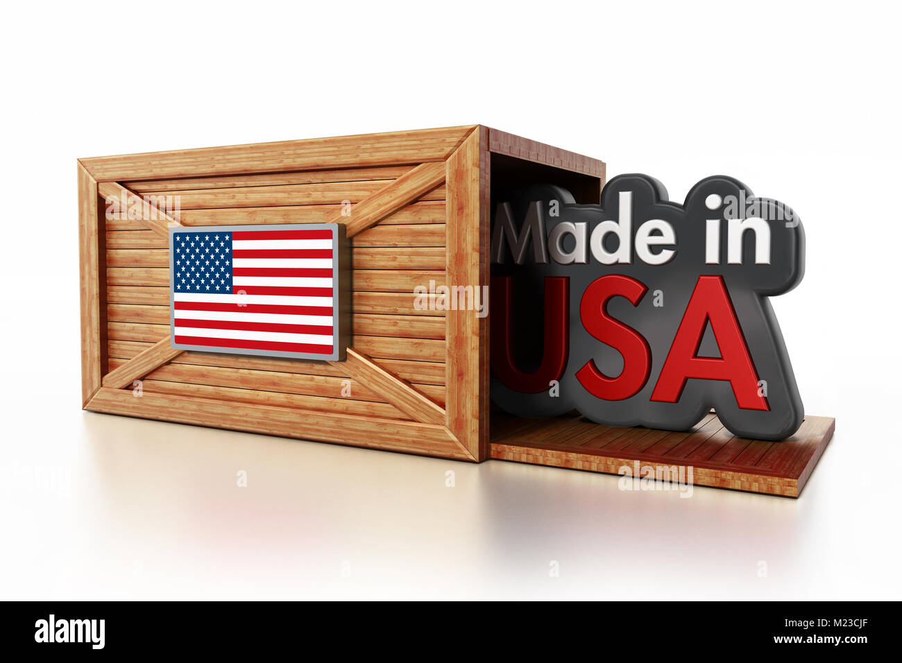 Made in USA le texte à l'intérieur de la boîte de chargement avec le drapeau américain. 3D illustration. Banque D'Images