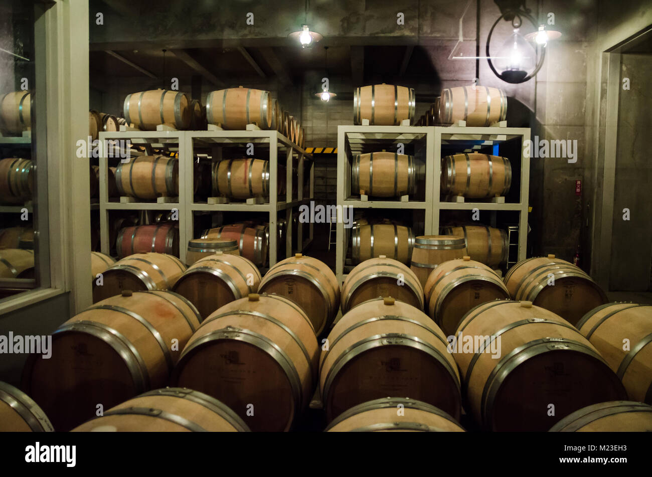 Des tonneaux de bois utiliser pour stocker le vin produit japonais dans les caves sur Furano, Hokkaido. Furano Winery est ouvert au public et comprend une dégustation de vin Banque D'Images