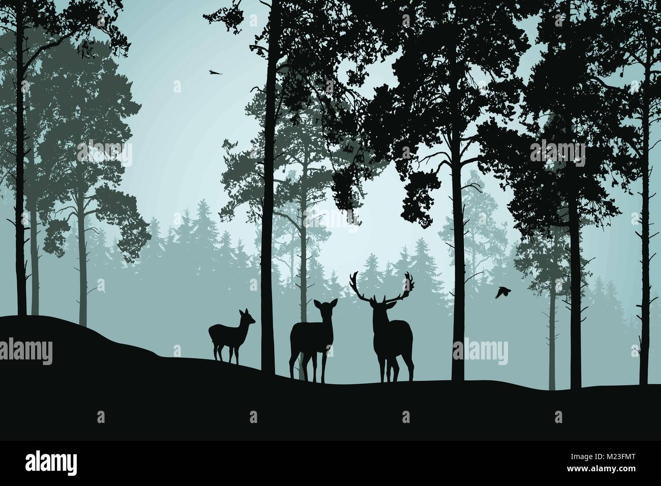 Paysage avec vert de la forêt, les cerfs et les oiseaux en plein vol - vector Illustration de Vecteur