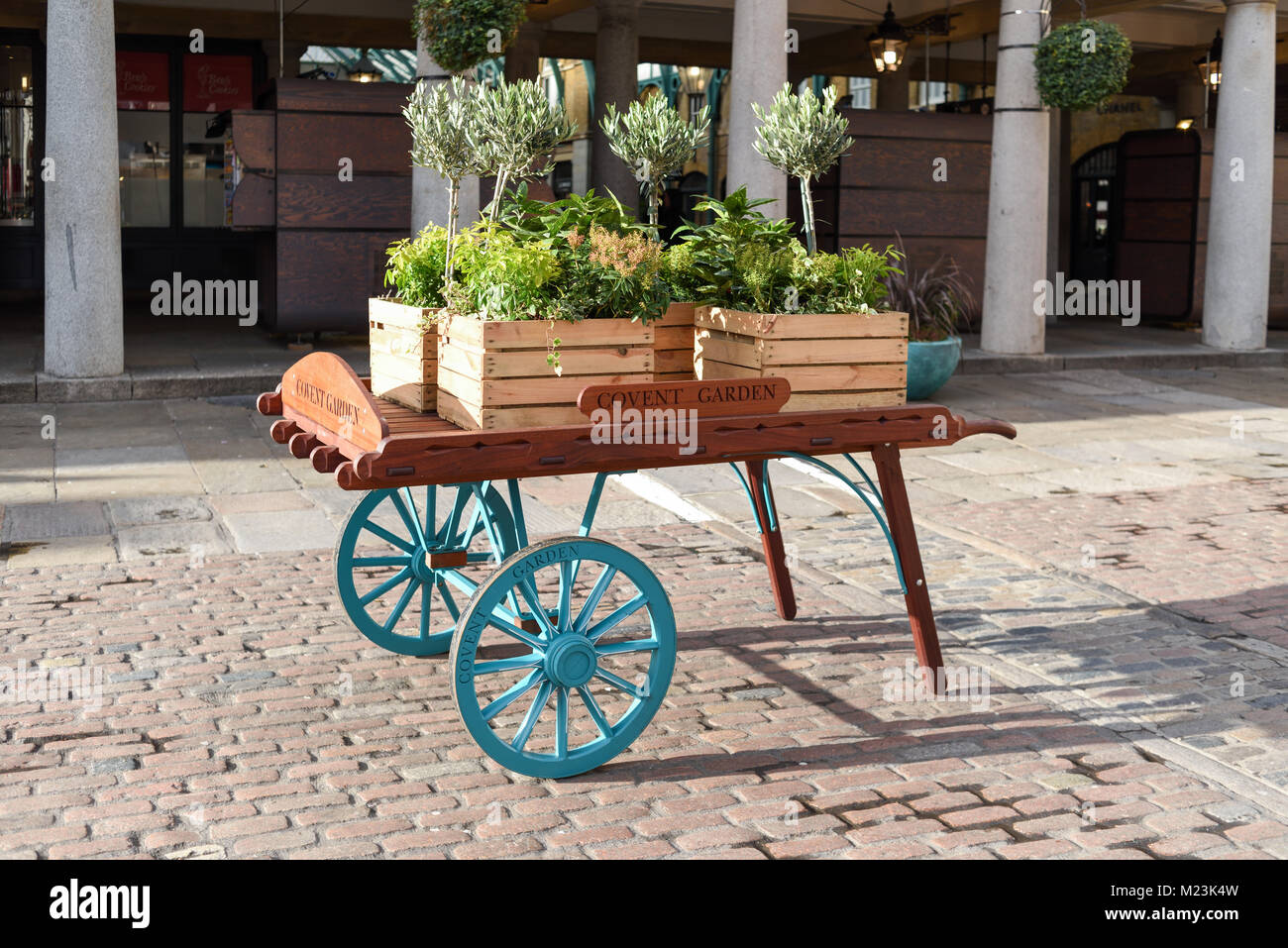 Panier à la main avec des plantes Barrow à l'extérieur du marché de Covent Garden à Londres, Royaume-Uni. Banque D'Images