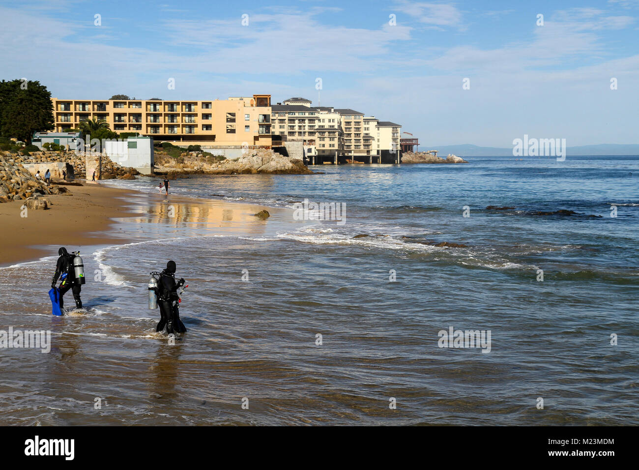 Les amateurs de plongée sous-marine à San Carlos Beach, waterfront hôtels à la distance, Monterey, California, United States Banque D'Images