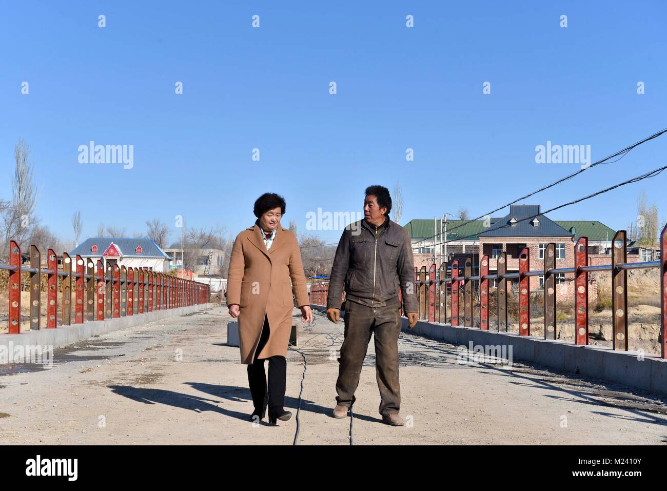 (180204) -- BEIJING, 4 février 2018 (Xinhua) -- Li Yuanmin(L) s'enquiert de la construction cours d'un pont dans Gaimai Village de Yining County, nord-ouest de la Chine, la Région autonome du Xinjiang Uygur, Novembre 21, 2017. Yuanmin Li, un délégué à la 19e Congrès national du Parti communiste chinois (PCC), a servi comme secrétaire du parti du village. Elle a mis beaucoup d'efforts dans la propagation, la route, parti politique et ligne directrice aux gens dans le village, après son retour de congrès du parti. Elle croyait que son travail pourrait relier le petit village directement à Pékin, qui sera bénéfique pour le Banque D'Images
