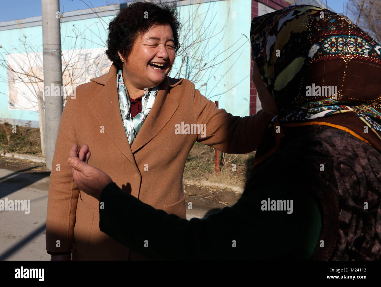 (180204) -- BEIJING, 4 février 2018 (Xinhua) -- Li Yuanmin parle à un villageois, dans Gaimai Village de Yining County, nord-ouest de la Chine, la Région autonome du Xinjiang Uygur, Novembre 21, 2017. Yuanmin Li, un délégué à la 19e Congrès national du Parti communiste chinois (PCC), a servi comme secrétaire du parti du village. Elle a mis beaucoup d'efforts dans la propagation, la route, parti politique et ligne directrice aux gens dans le village, après son retour de congrès du parti. Elle croyait que son travail pourrait relier le petit village directement à Pékin, qui sera bénéfique pour le développement futur du village Banque D'Images