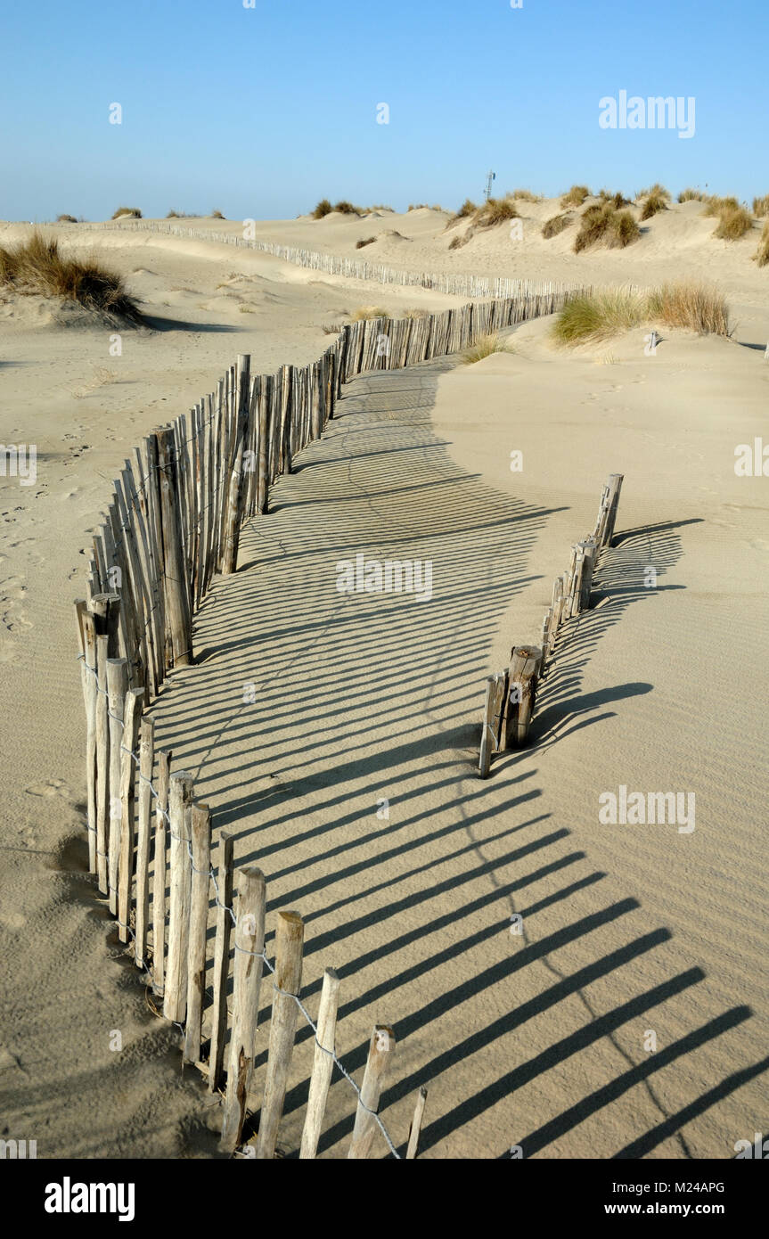 Configurations des ombres de barrières en bois installées pour la protection des Dunes sur la plage de l'Espiguette, Le Grau du Roi, Camargue, France Banque D'Images