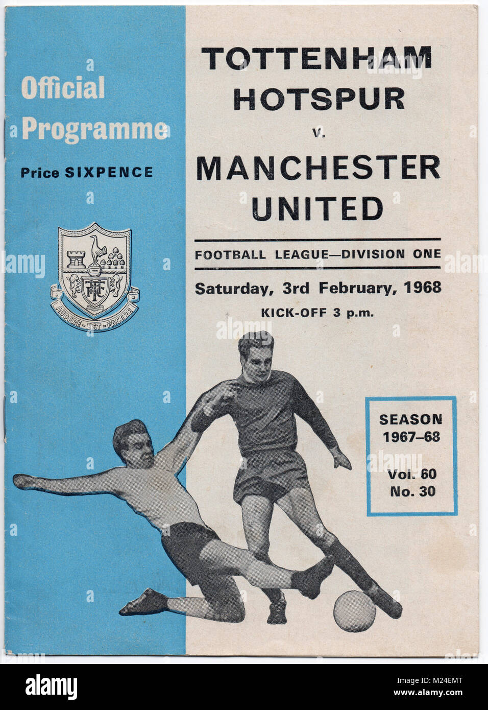 Programme de football : Tottenham Hotspur v Manchester United, 03 février 1968. Manchester United a gagné 2-1, avec des buts de meilleur et Charlton. Banque D'Images