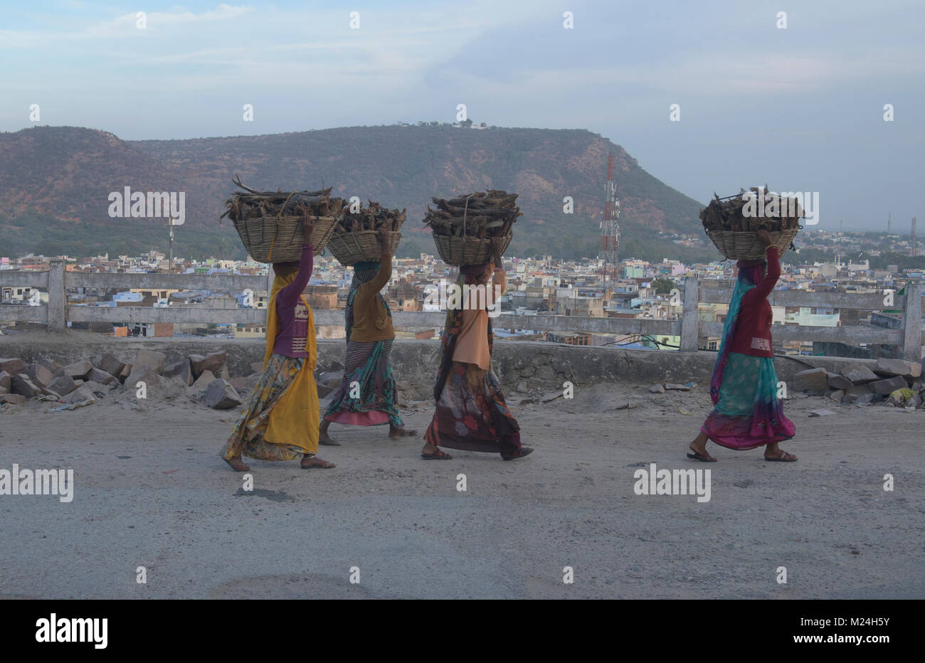 Des femmes transportant du bois de chauffage, Bundi, Rajasthan, Inde Banque D'Images