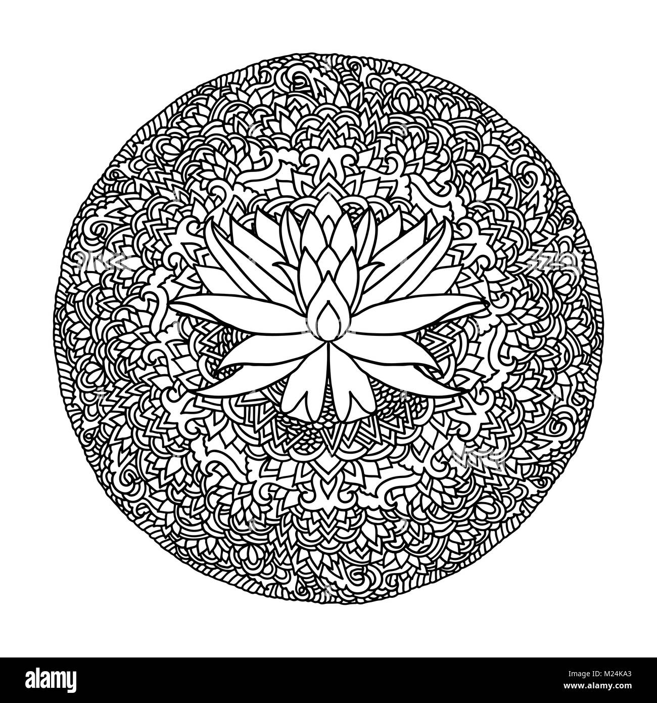 Mandala abstrait l'ornement. Modèle asiatique avec fleur de lotus. Authentique d'arrière-plan noir et blanc. Vector illustration. Illustration de Vecteur