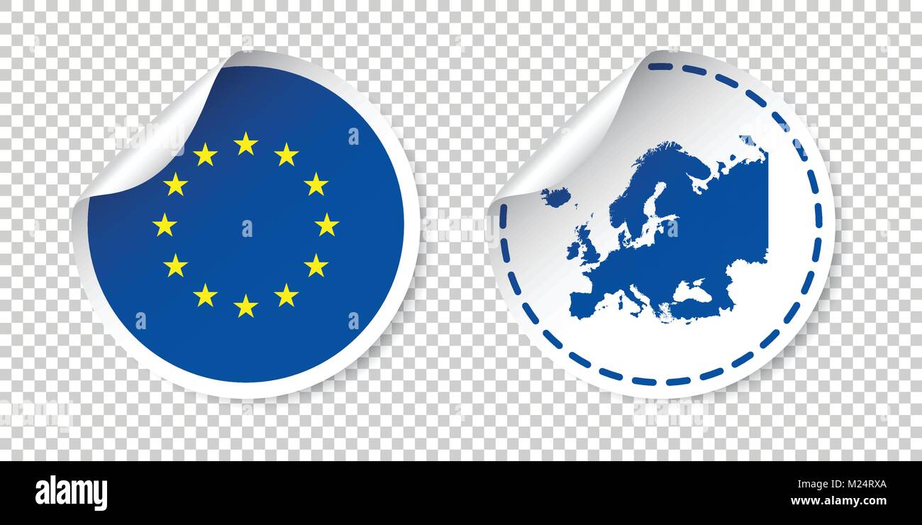 Europe autocollant avec un drapeau et carte. L'Union européenne, de l'étiquette avec étiquette ronde de pays. Vector illustration sur fond isolé. Illustration de Vecteur