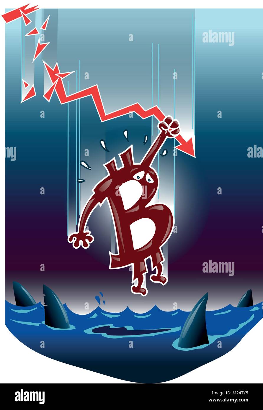 Symbole bitcoin de tomber dans l'eau sombre funny cartoon vignette Illustration de Vecteur