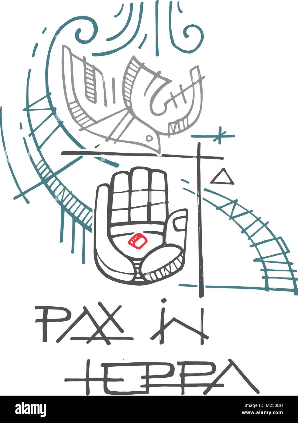 Hand drawn vector illustration d'encre ou d'un dessin de certains religieux symboles chrétiens et la phrase en latin qui signifie : la paix sur terre Illustration de Vecteur