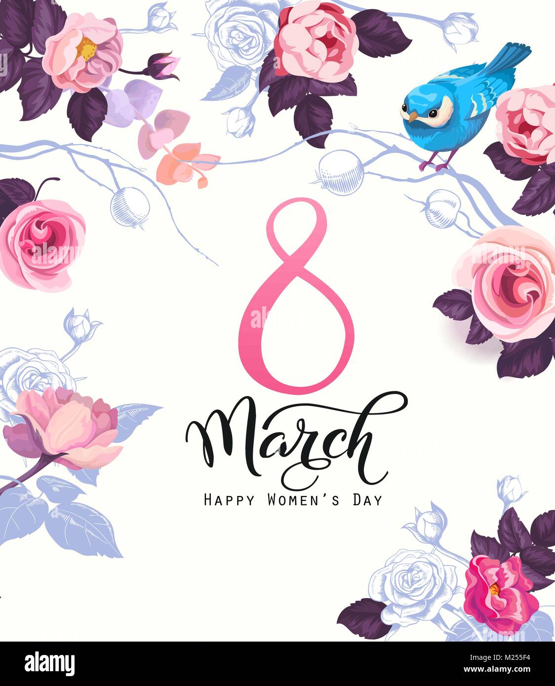 Bonne journée de la femme carte postale, invitation à une fête ou festifs modèle de page avec lettrage élégant, Wild Rose rose fleurs, oiseau bleu sur fond blanc. Vector illustration pour la célébration du 8 mars. Illustration de Vecteur