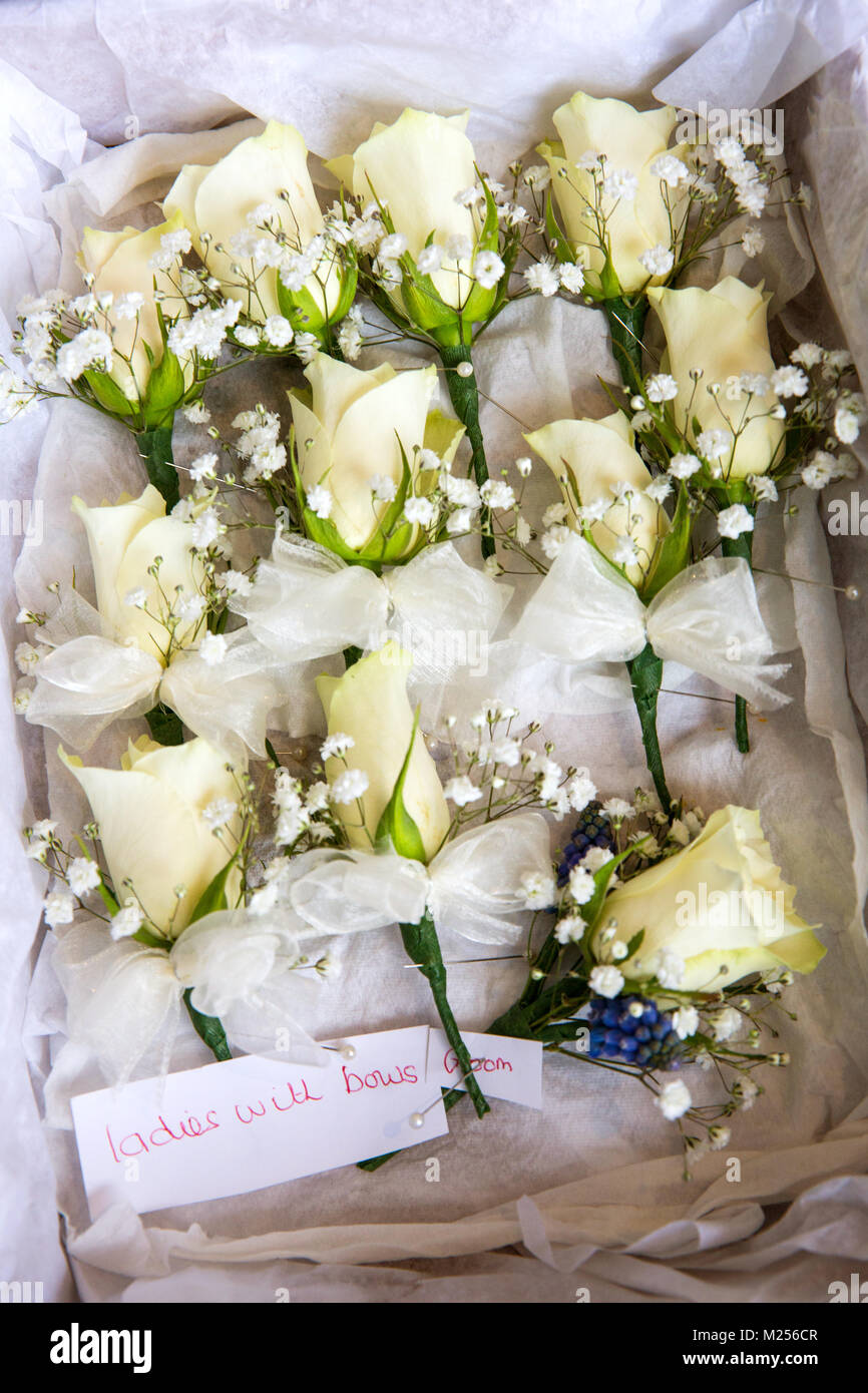 Mariage boutonnieres avec étiquette manuscrite dans du papier de soie, overhead view Banque D'Images