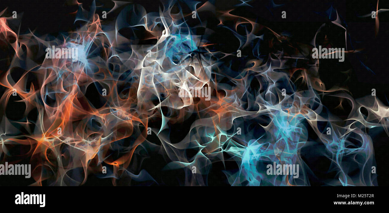 Résumé lignes électrisant, fumé, texture pattern fractal art illustration numérique de travail chaotique rendu le bleu et le rouge sur le fond sombre. Banque D'Images