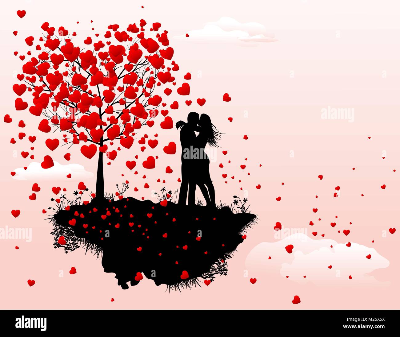 Couple in love à côté d'un arbre avec le coeur. Silhouette d'un couple d'amoureux l'homme et de la femme. Un homme et une femme à côté d'un arbre avec des coeurs rouges. Illustration de Vecteur