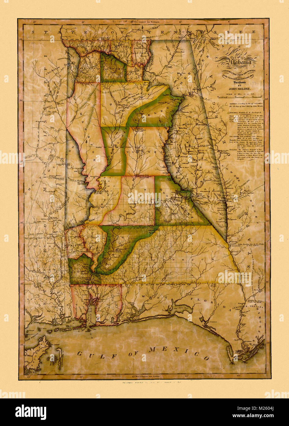 Carte historique de l'Alabama vers 1850. Banque D'Images