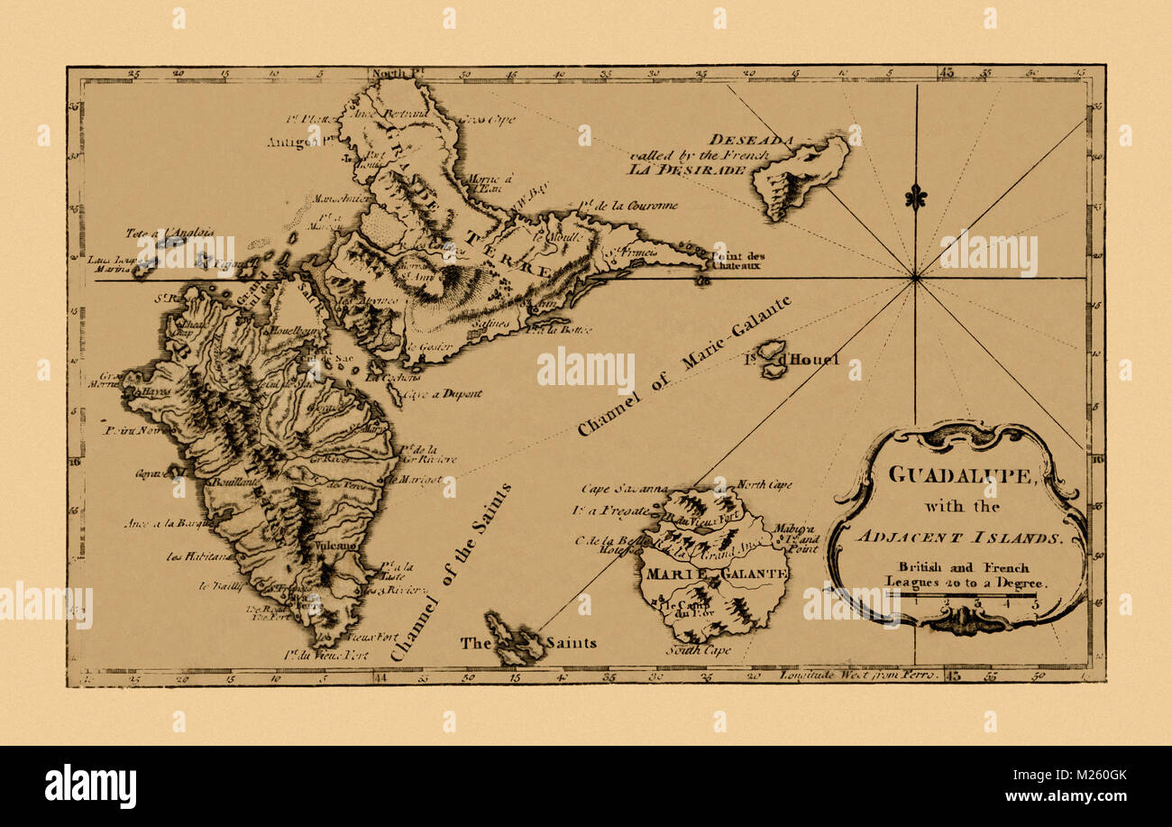 Carte historique de la Guadeloupe vers 1759. Banque D'Images