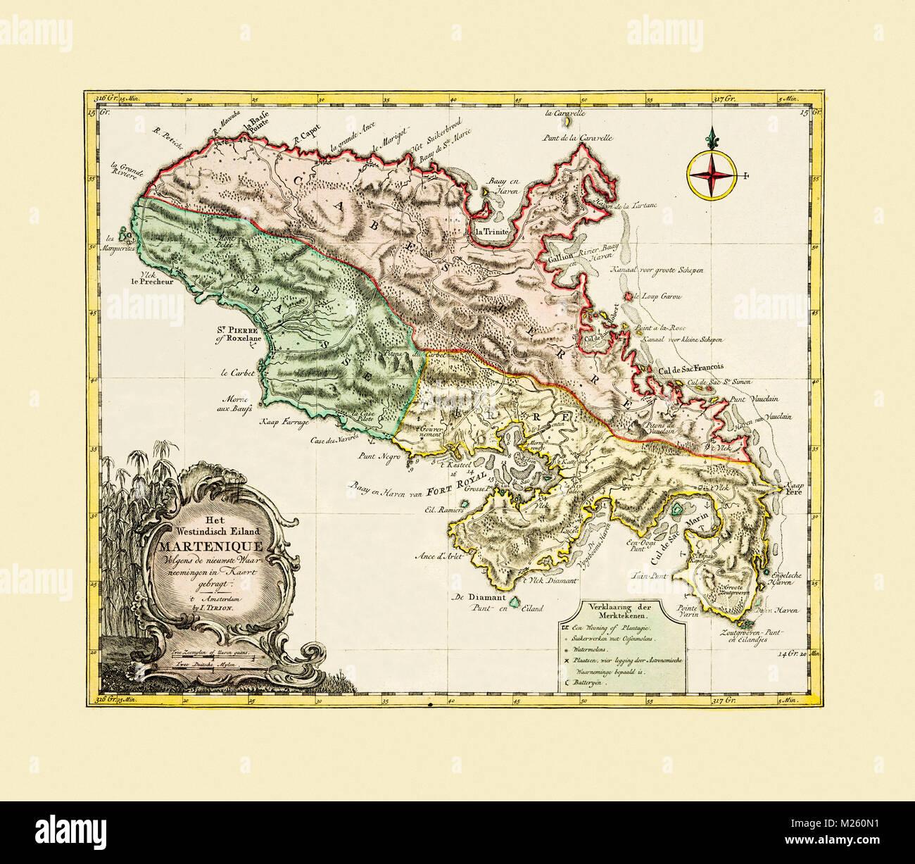 Carte historique de la Martinique vers 1750. Banque D'Images