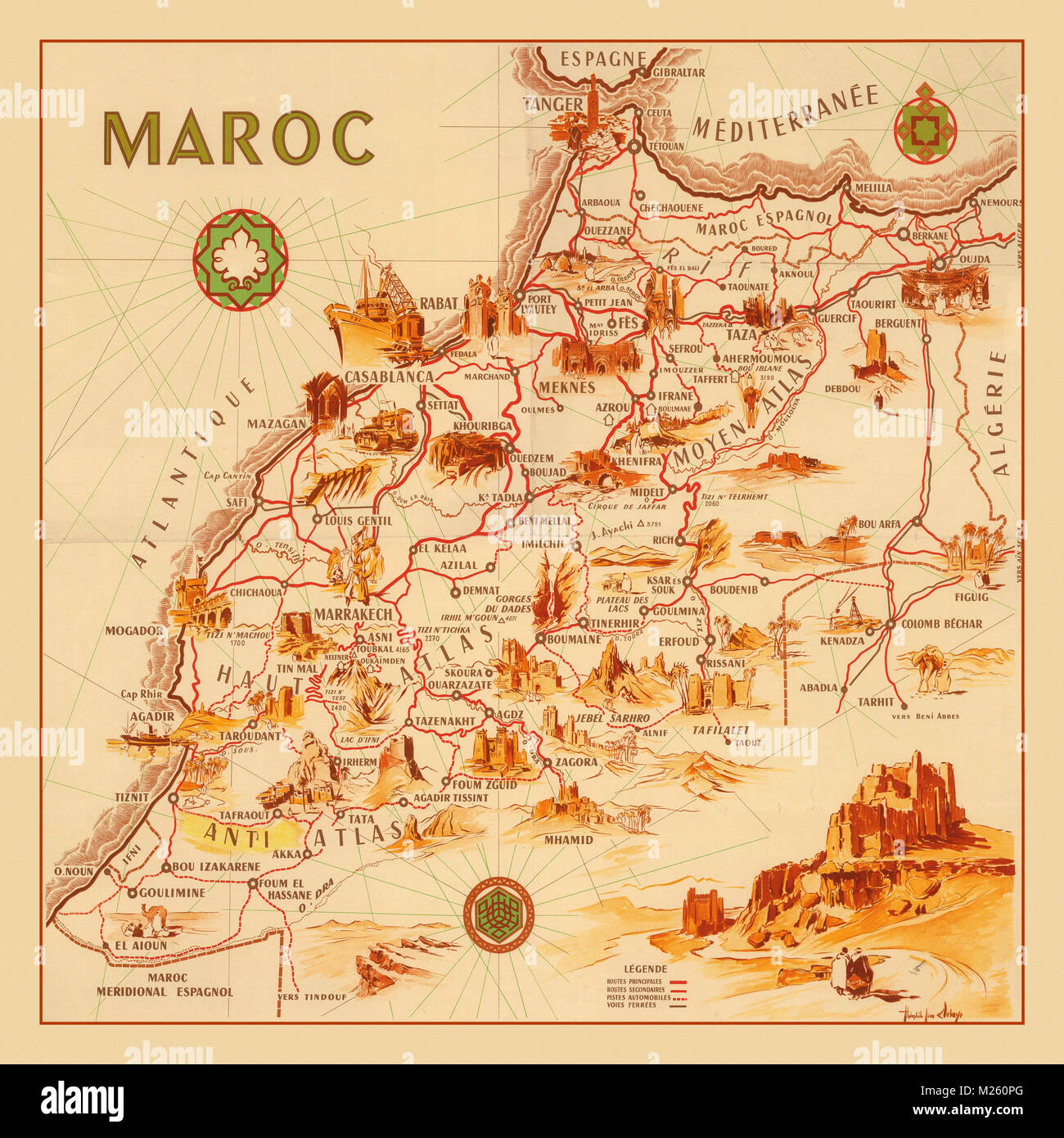 Carte illustrée du Maroc vers 1950. Banque D'Images