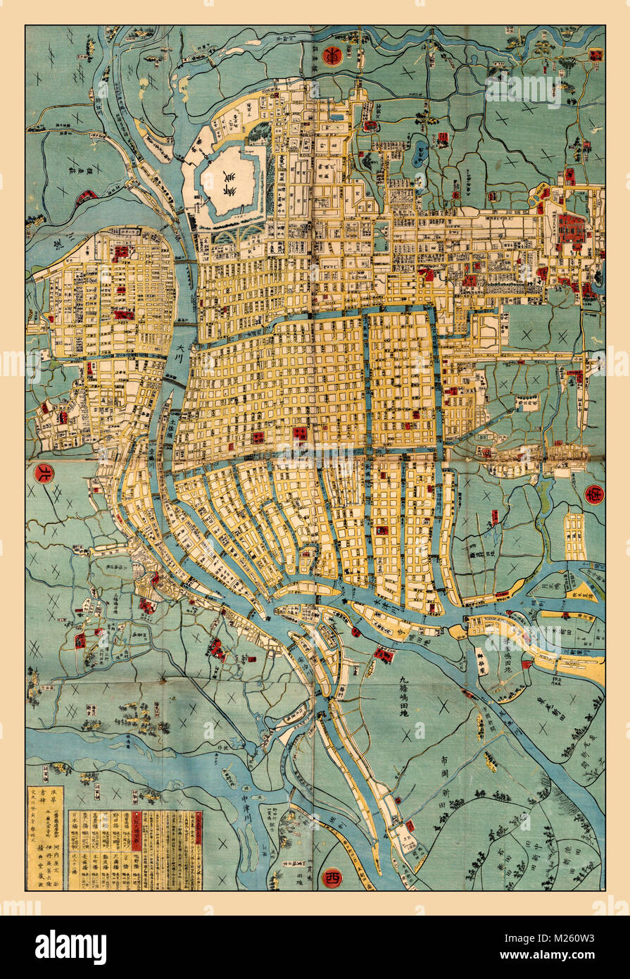 Carte historique d'Osaka, Japon vers 1853. Banque D'Images