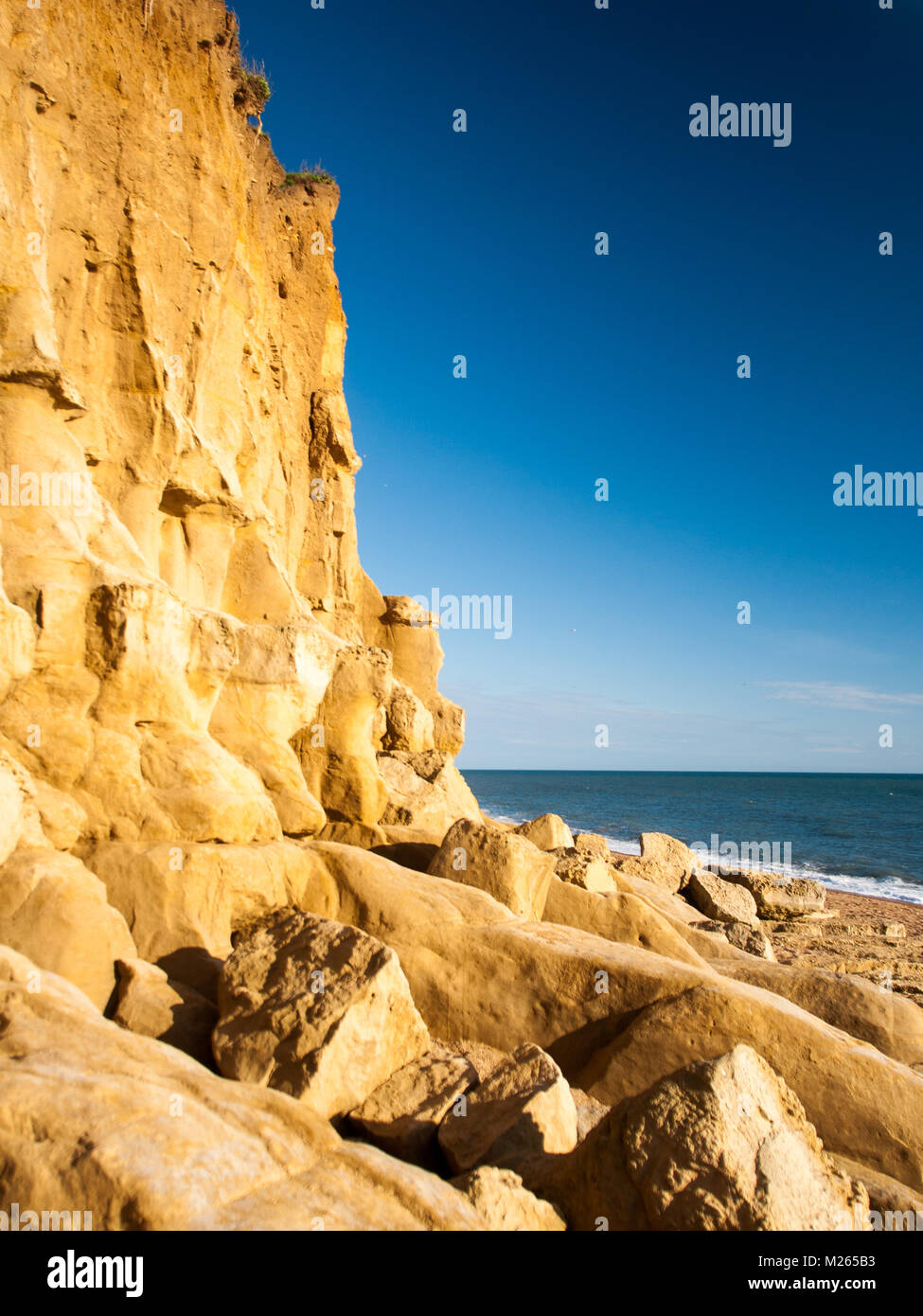 Le soleil brille sur les falaises de la plage d'or de la Ruche, frais d'une chute de roches, à Burton Bradstock sur la côte jurassique du Dorset. Banque D'Images