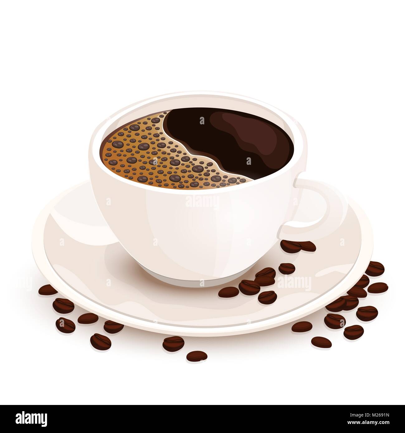 Tasse de café vector illustration réaliste. Tasse de café noir blanc sur une soucoupe sur les grains de café qui sont dispersés, isolé sur fond blanc Illustration de Vecteur
