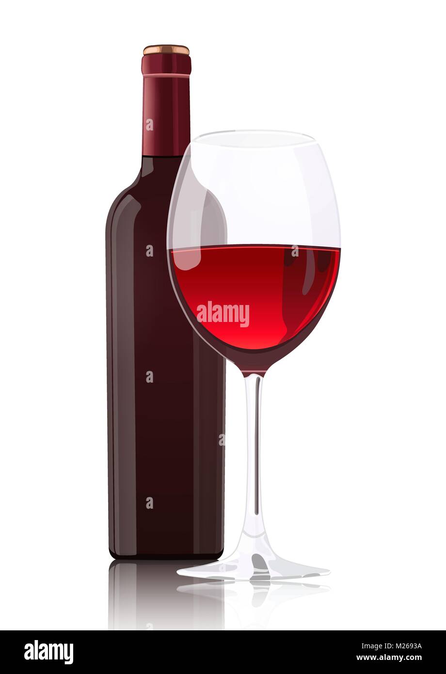 Bouteille de vin rouge sans étiquette et un verre de vin, vector dessin réaliste, isolé sur fond blanc Illustration de Vecteur
