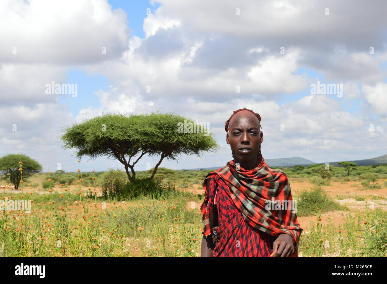 Massai berger dans la steppe, kenia Banque D'Images