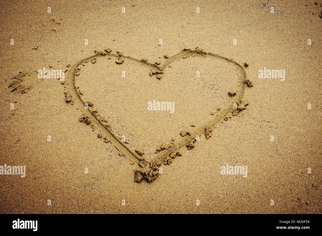 Un amour de saint valentin coeur dessiné dans le sable avec une empreinte de patte de chien. Banque D'Images