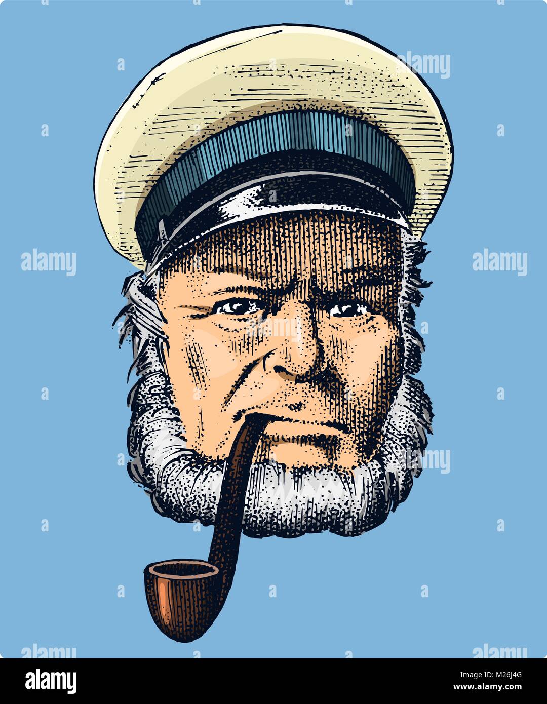 Capitaine de marine, vieux marin avec une pipe ou bluejacket, matelot à barbe ou hommes seafarer. transport par navire ou bateau. gravés à la main dans de vieux croquis boho. Illustration de Vecteur