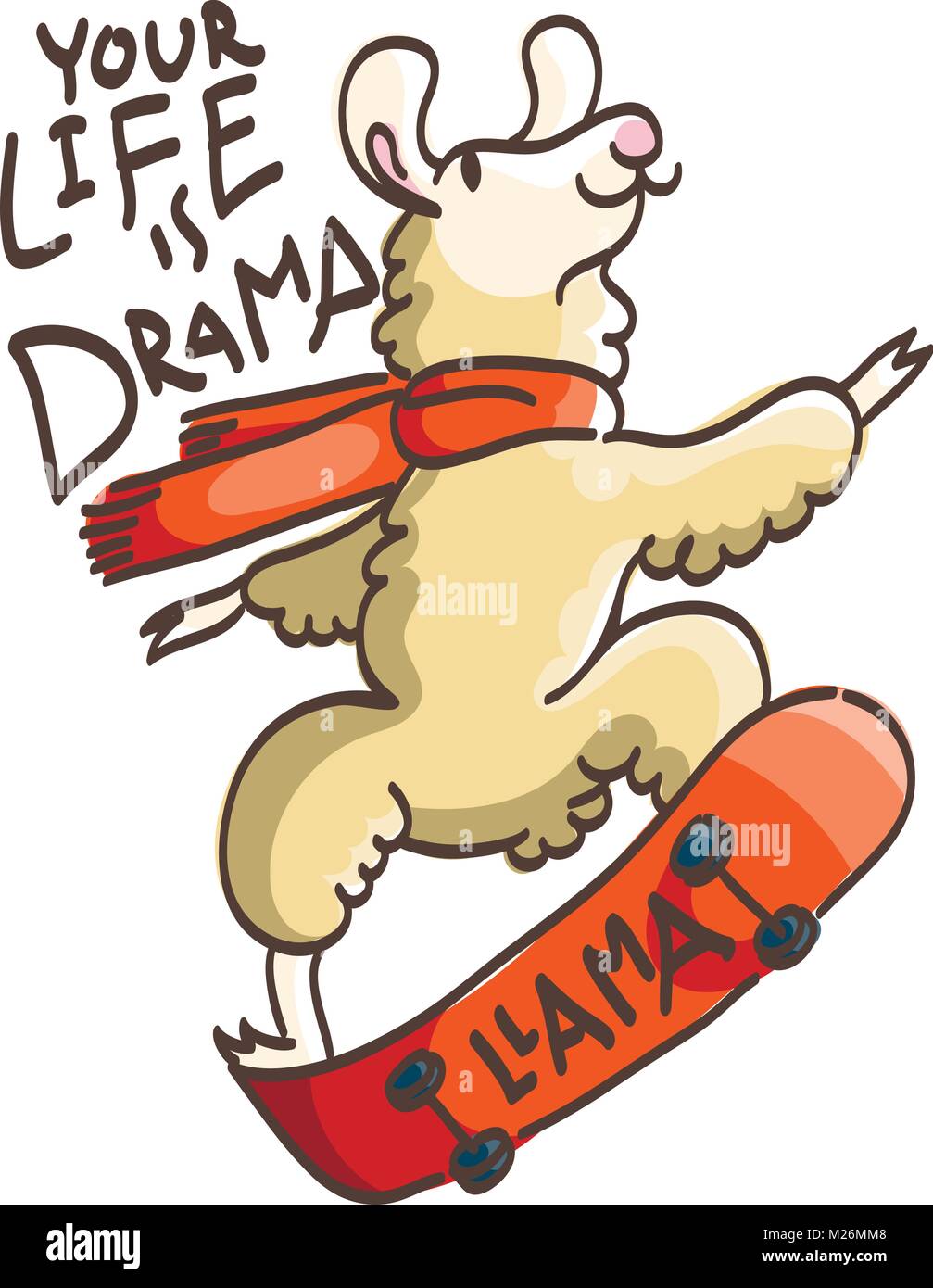 Carte cartoon Cute avec le patineur de llama. Citation motivation et d'inspiration. Le gribouillage illustration. Votre vie est le théâtre, le lama Illustration de Vecteur