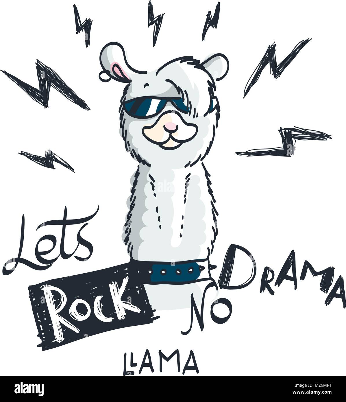 Carte cartoon Cute avec lama. Citation motivation et d'inspiration. Le gribouillage illustration. Lets rock, pas de drame, le lama Illustration de Vecteur