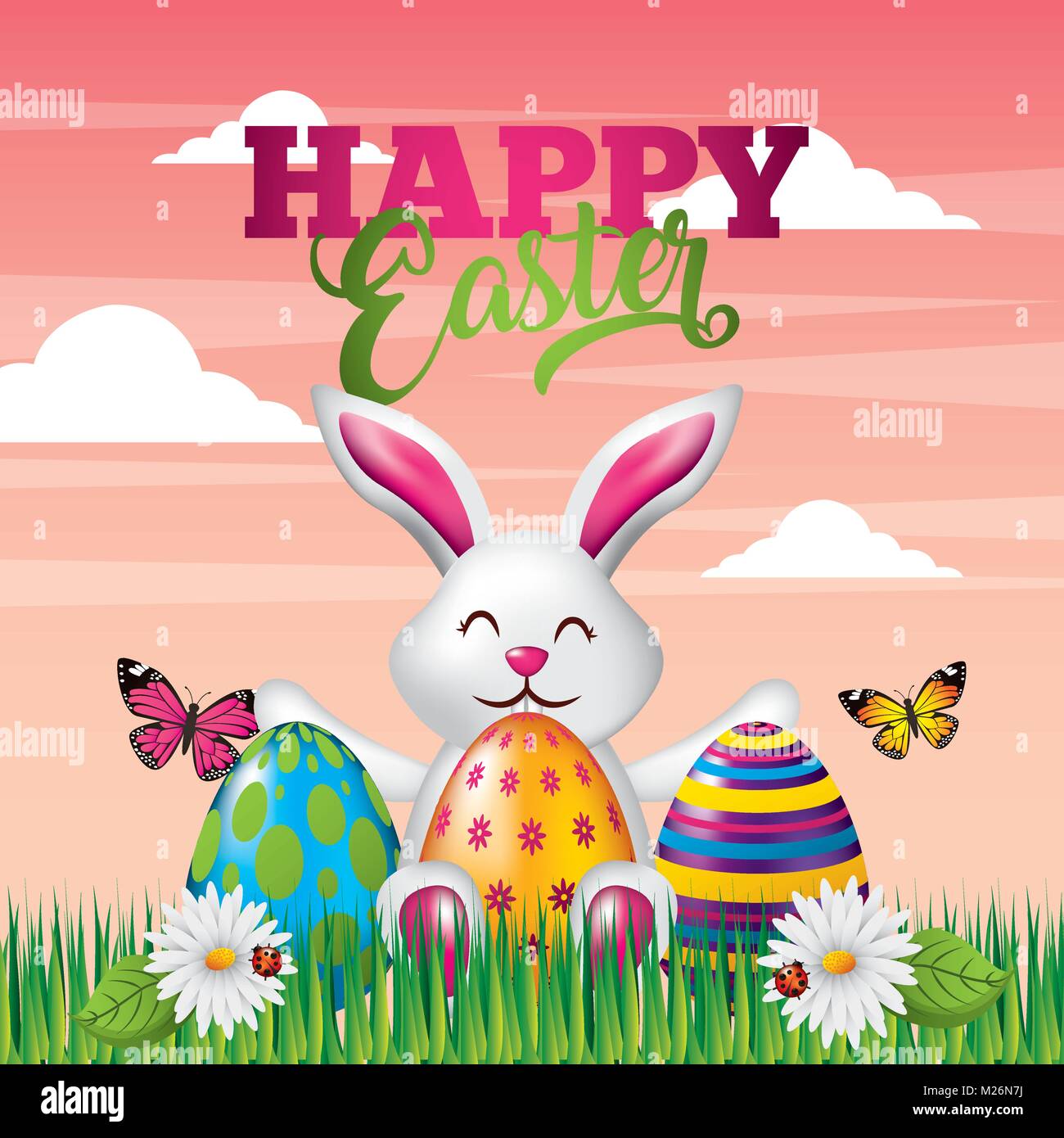 Carte Joyeuses Paques Lapin Mignon Papillon Les Oeufs Colores De Fleurs Et De Paysage Image Vectorielle Stock Alamy