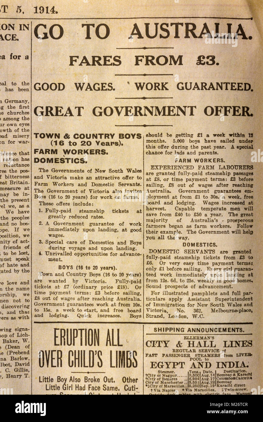 1914 une annonce dans le Daily News et Leader (UK) invitant les travailleurs à émigrer en Australie Banque D'Images