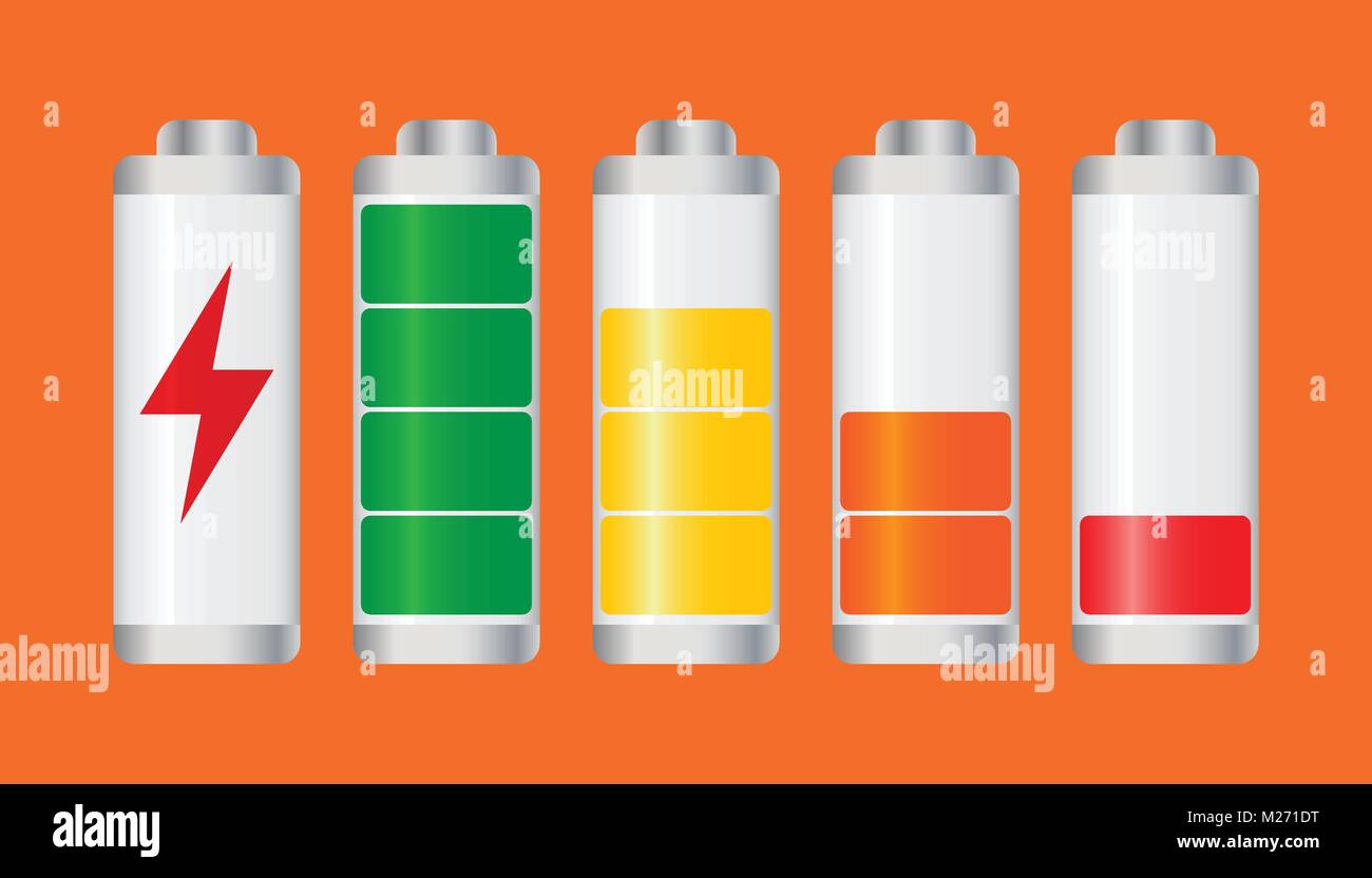 Ensemble d'indicateur de niveau de charge batterie. Vector illustration sur fond orange. Illustration de Vecteur