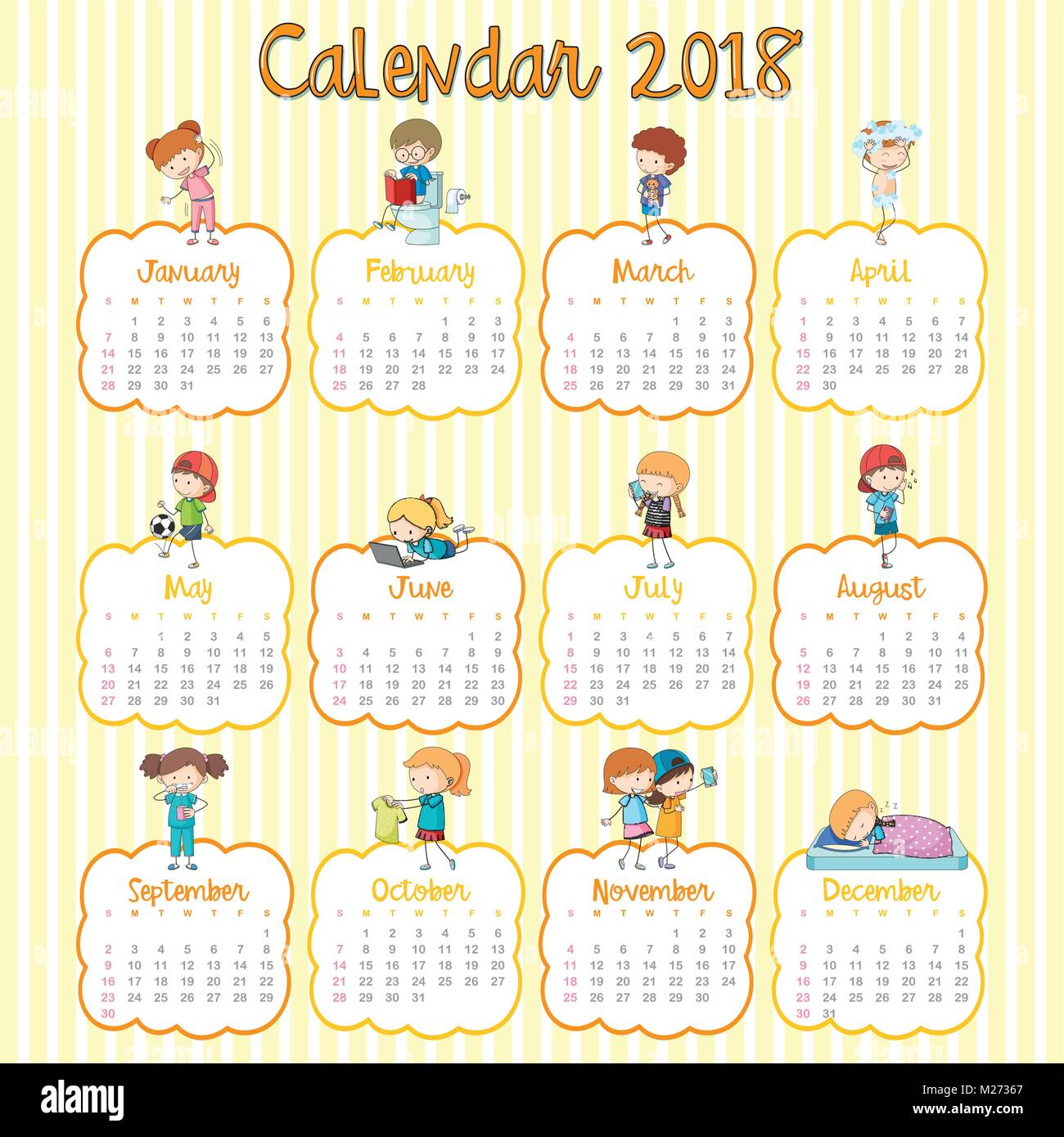 2018 modèle de calendrier avec de nombreux enfants pour chaque mois de l'illustration Illustration de Vecteur