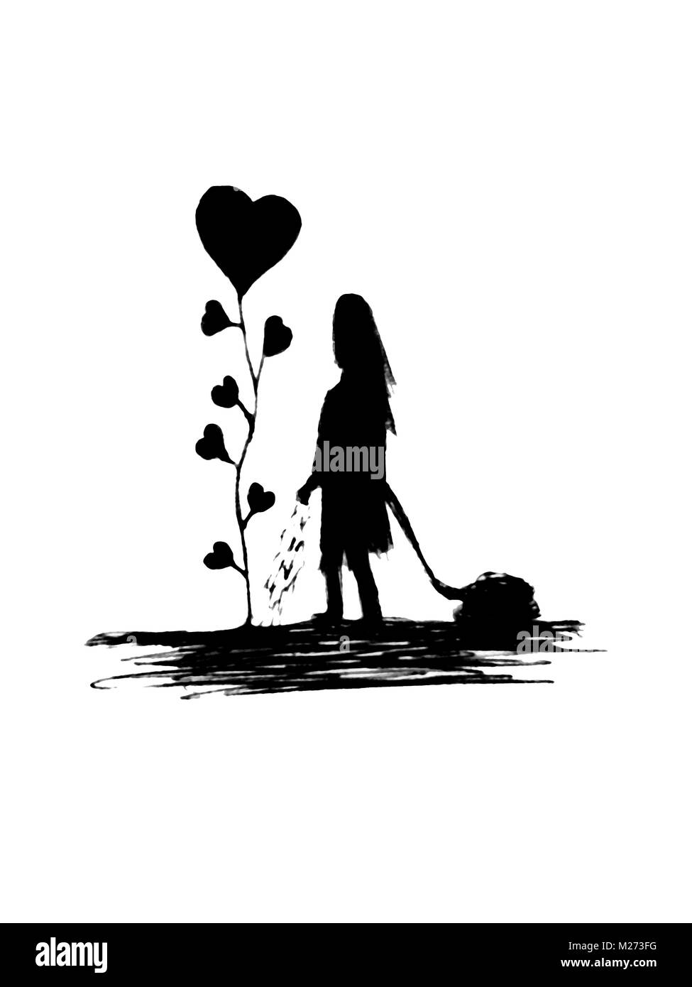 Concept d'amour sketchy illustration montrant une femme semer un arbre avec les feuilles du coeur Banque D'Images