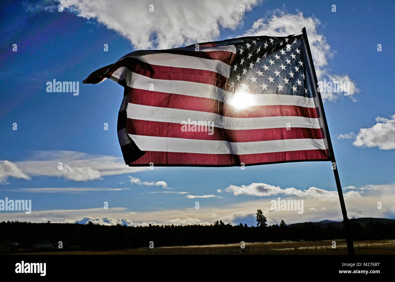 Un drapeau américain dans une forte brise à l'entrée d'une ferme rurale dans la région de Deschutes Comté (Oregon) Banque D'Images