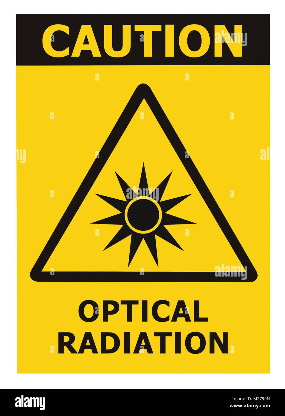 Risque de radiation optique sécurité attention danger avertissement signe texte label autocollant, faisceau de lumière artificielle symbole icône isolé, triangle noir sur jaune Banque D'Images