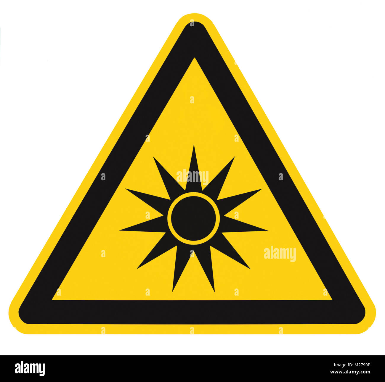 Risque de radiation optique sécurité attention danger avertissement signe texte label autocollant, faisceau de lumière artificielle symbole icône isolé, triangle noir sur jaune Banque D'Images