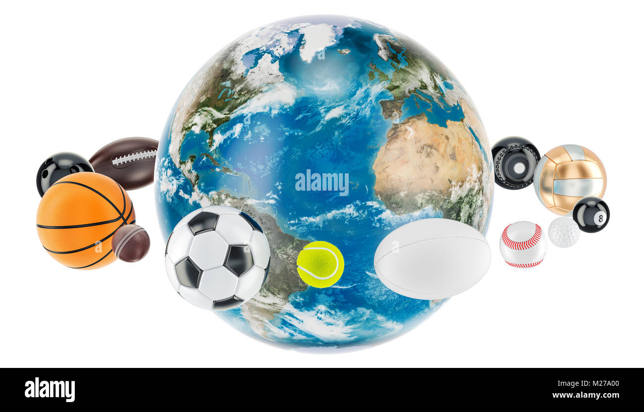 Globe terrestre avec des balles dans le sport. Le rendu 3D isolé sur fond blanc Banque D'Images