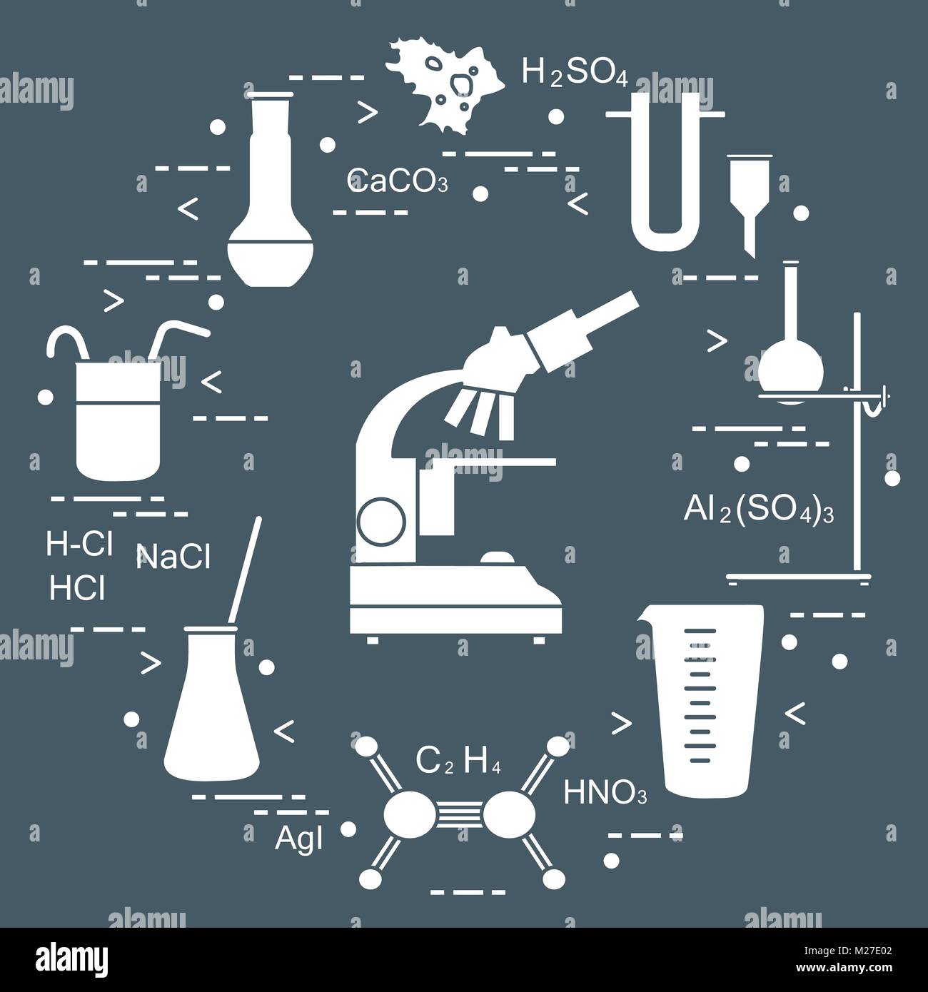 L'éducation scientifique Chimie, éléments : microscope, flacons, trépied, formules, bécher, amibes, tasse à mesurer, entonnoir, tube en forme de U. Conception pour l'espaïre Illustration de Vecteur