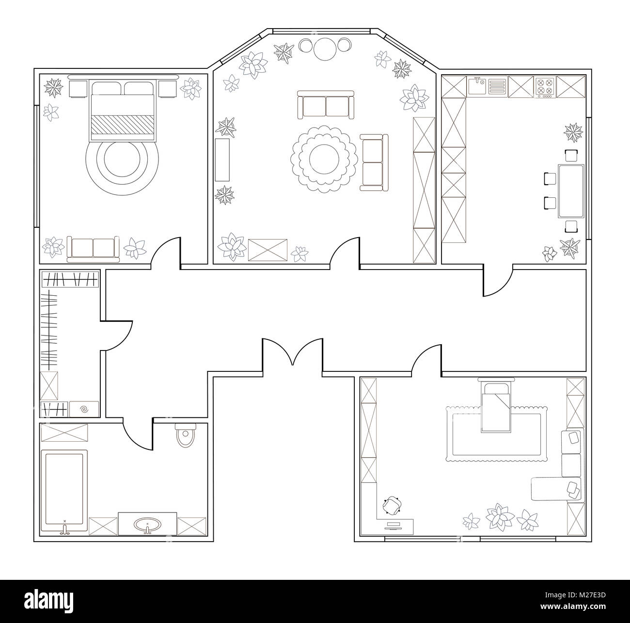 Abstract vector plan d'appartement de deux chambres à coucher, avec  cuisine, salle de bains, chambre à coucher, salon, salle à manger,  bibliothèque. Spe8 Photo Stock - Alamy