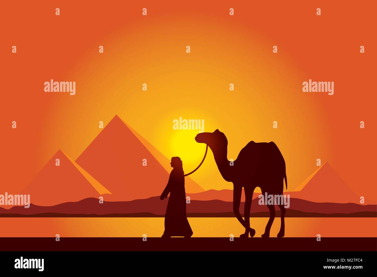 L'Egypte Pyramides avec des caravanes de chameaux sur fond coucher vector illustration Illustration de Vecteur